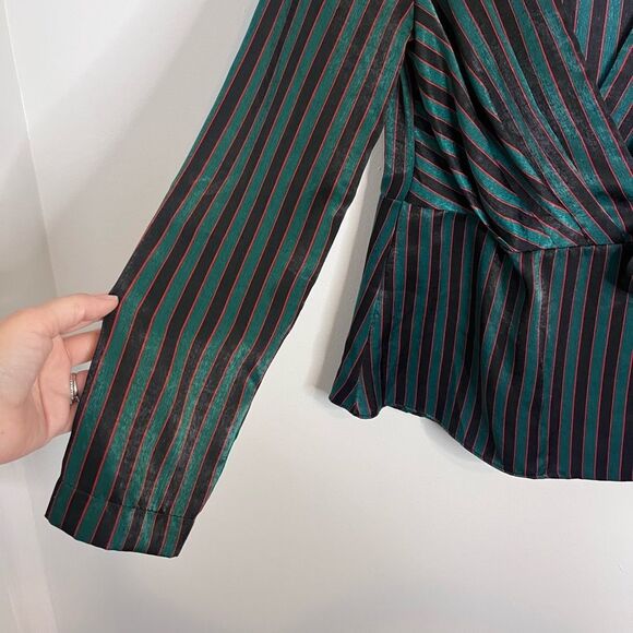 Zara Striped Sateen Wrap Blouse Medium Black - Picture 6 of 9